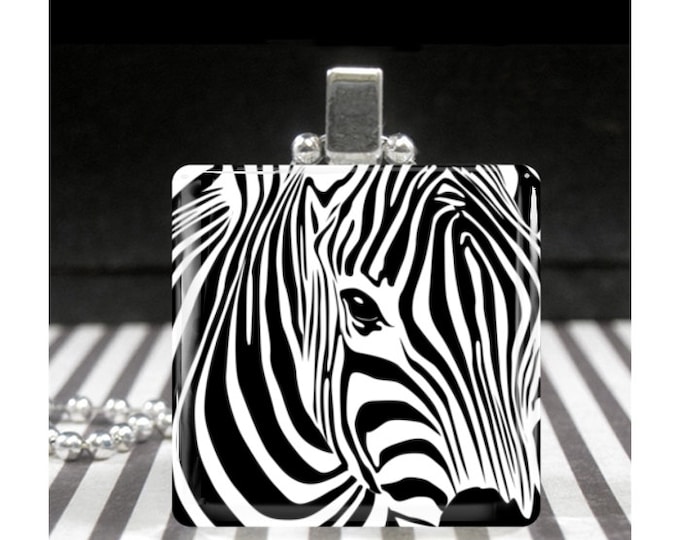 Zebra Jewelry Zebra Necklace Pendant Glass Tile Charm Unusual Exotic African Wild Animal Lover Gift for Women Girls Teens Black White Silver