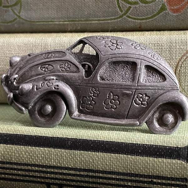 Vintage VW Beetle Brooch Pewter Psychedelic Hippie Flower Power Love Bug Pin Signed Danecraft Punch Bug Jewelry Estate NOS Fun Gifts for Her