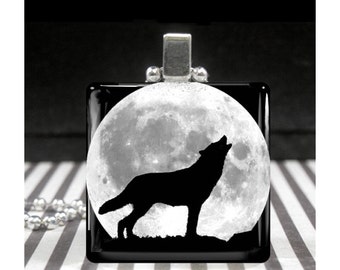 Wolf Necklace Full Moon Wolf Jewelry Howling Pendant Glass Tile Charm Wild Animal Ever & Anon Mens Jewelry Gifts for Guys Women Boyfriends