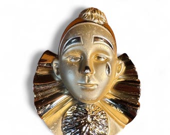 Large Vintage Clown Brooch Crying Sad Clown Ruffled Collar Pierrot Pin Large Gold Tone Theater Jewelry