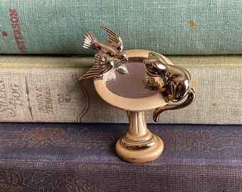 Cat & Bird Birdbath Mirror Brooch Vintage Gold Tone Kitten Sparrow Pin Signed Danecraft Gift for Her Cat Jewelry Friendship Gifts for Women