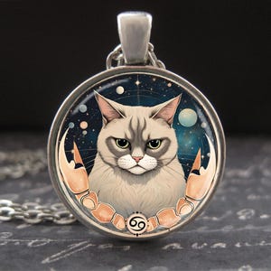 May include: A silver chain necklace with a round glass pendant featuring a gray cat with a grumpy expression. The cat is surrounded by a celestial background with stars and planets. The pendant also includes a crab symbol and the zodiac sign for Cancer.