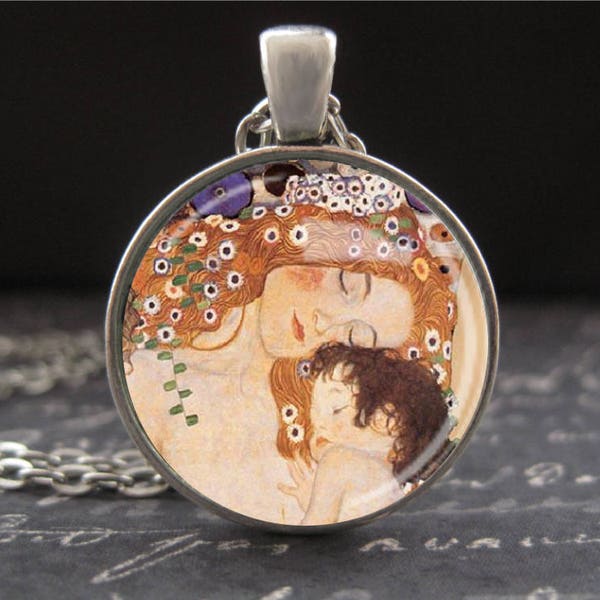 Gustav Klimt Peinture Mère et Enfant Collier Art Nouveau Pendentif Rond Verre Charme Antique Argent Chaîne Bijoux pour Mère Mère