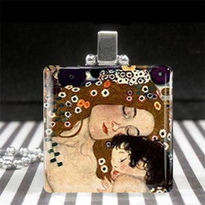 Mother and Child Necklace Charm Gustav Klimt 3 Ages of Woman Glass Tile Pendant Fine Art Jewelry by Ever & Anon Mothers Day Gifts for Women