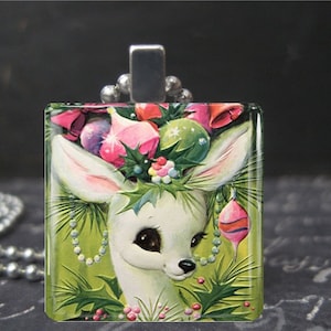 Kitsch Vintage White Deer with Retro Pink Christmas Ornaments Art Necklace Fawn Pendant Glass Holiday Jewelry