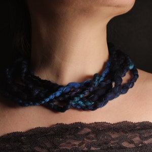 Warm Artsy Textile Necklace Merino Wool Infinity Scarf Soft Neck Warmer Multistrand Layered Wrapped Twilight Pearls Cozy Fiber Art Jewelry