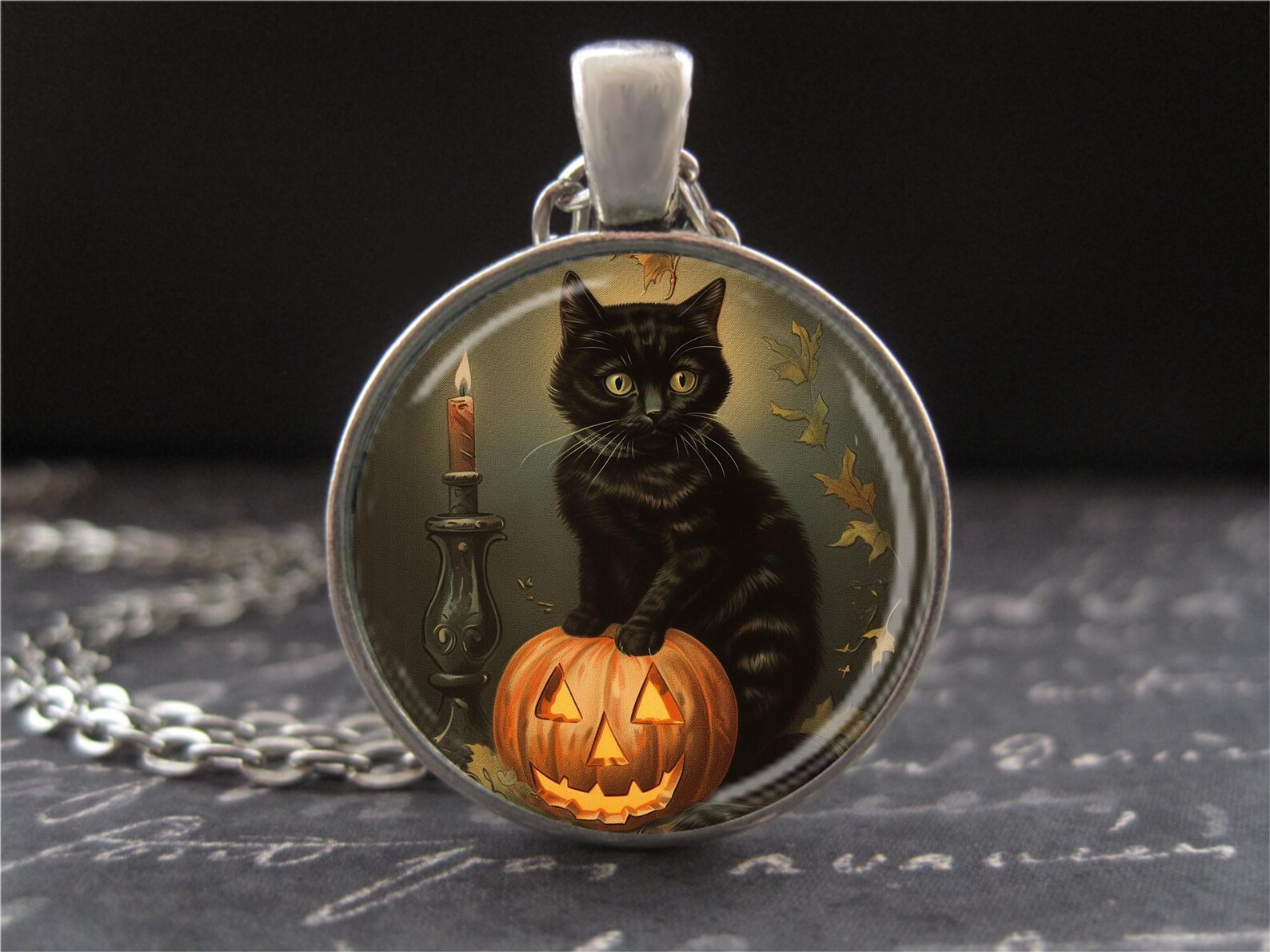 Black Cat & Pumpkin Necklace Halloween Jack-o-lantern Art Pendant ...