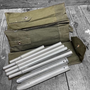 Vintage Military Surplus Gear Half Shelter Pup Aluminum Tent Pole & Stake Bag Army Green Bushcraft Emergency Shelter Supplies Camping Army