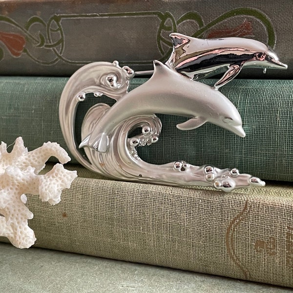 Large Vintage Dolphin Brooch Artistic Dolphin Jewelry Playing in the Waves Two Tone Silver Finish Estate Pin Gifts for Women Dolphin Lovers