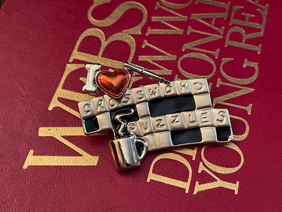 Vintage Crossword Puzzle Pin Gold Enamel Brooch Gifts for