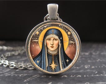 St. Hildegard of Bingen Medal Sibyl of the Rhine Mystic Art Necklace Glass Charm Silver Catholic Jewelry Patron Saint of Writers & Musicians