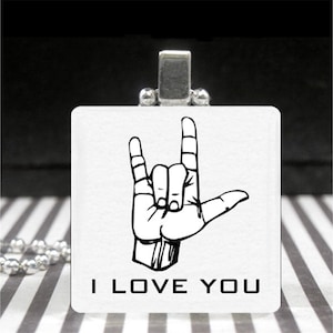 ASL I Love You Charm Necklace Sign Language Jewelry Love Pendant Glass Silver
