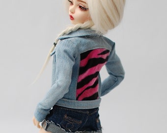 Light jeans denim jacket with pink tiger animal print back for MSD Minifee Tonner Numina Sybarite etc doll 1/4 scale
