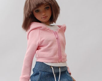 Pink zipped Crop top hoodie for minifee MSD BJD Youpla FR16 and other 1/4 scale