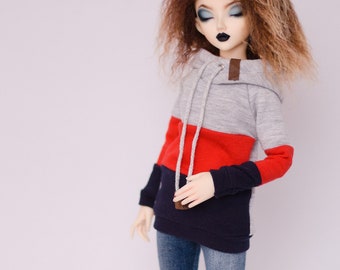 Tri color gray red navy blue hoodie for minifee MSD FR16 and other 1/4scale unisex boy girl