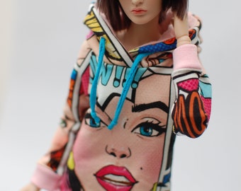 Comic pop art print hoodie sweatshirt  for bjd doll minifee MSD FR16 Numina youpla tonner and other 1/4scale