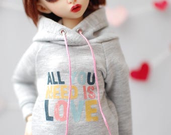 Gray hoodie with print for minifee MSD FR16 Youpa BJD and other 1/4 scale