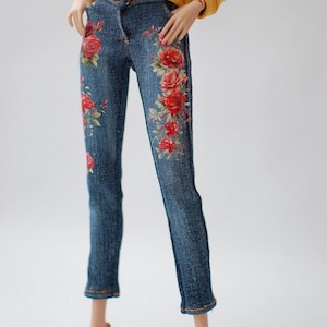Fashion Royalty 11.5 inch doll Princess straight casual jeans with rose print detailed scale 1/6 1:6