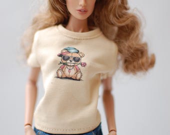 Fashion Royalty FR 11.5 inch doll beige tshirt t-shirt t shirt with print