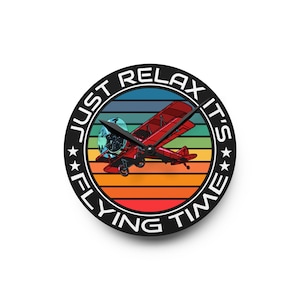 Vintage Airplane Wall Clock - &#39;Just Relax It&#39;s Flying Time&#39; - Perfect for Aviation Lovers, Home Decor, Gifts, Office, Pilot Gift, Biplane