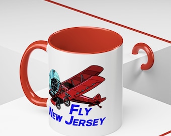 Fly New Jersey Accent Coffee 11oz Mug - Perfect Gift for Aviation Lovers, Alaska Enthusiasts, Pilot Gift, Red Biplane Fun Mug, Flying Mug