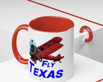 Fly Texas Accent Coffee 11oz Mug - Perfect Gift for Aviation Lovers, Alaska Enthusiasts, Pilot Gift, Red Biplane Fun Mug, Flying Mug