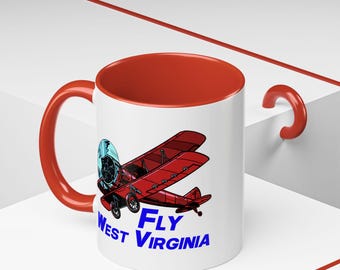 Fly West Virginia Accent Coffee 11oz Mug - Perfect Gift for Aviation Lovers, Alaska Enthusiasts, Pilot Gift, Red Biplane Fun Mug, Flying Mug
