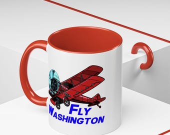 Fly Washington Accent Coffee 11oz Mug - Perfect Gift for Aviation Lovers, Alaska Enthusiasts, Pilot Gift, Red Biplane Fun Mug, Flying Mug