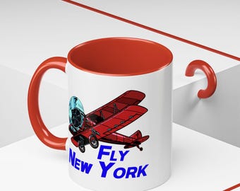 Fly New York Accent Coffee 11oz Mug - Perfect Gift for Aviation Lovers, Alaska Enthusiasts, Pilot Gift, Red Biplane Fun Mug, Flying Mug