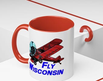 Fly Wisconsin Accent Coffee 11oz Mug - Perfect Gift for Aviation Lovers, Alaska Enthusiasts, Pilot Gift, Red Biplane Fun Mug, Flying Mug