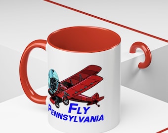 Fly Pennsylvania Accent Coffee 11oz Mug - Perfect Gift for Aviation Lovers, Alaska Enthusiasts, Pilot Gift, Red Biplane Fun Mug, Flying Mug