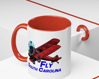 Fly South Carolina Accent Coffee 11oz Mug - Perfect Gift for Aviation Lovers, Alaska Enthusiast, Pilot Gift, Red Biplane Fun Mug, Flying Mug