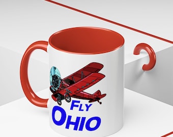 Fly Ohio Accent Coffee 11oz Mug - Perfect Gift for Aviation Lovers, Alaska Enthusiasts, Pilot Gift, Red Biplane Fun Mug, Flying Mug