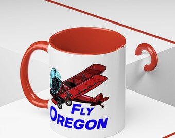 Fly Oregon Accent Coffee 11oz Mug - Perfect Gift for Aviation Lovers, Alaska Enthusiasts, Pilot Gift, Red Biplane Fun Mug, Flying Mug