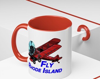 Fly Rhode Island Accent Coffee 11oz Mug - Perfect Gift for Aviation Lovers, Alaska Enthusiasts, Pilot Gift, Red Biplane Fun Mug, Flying Mug