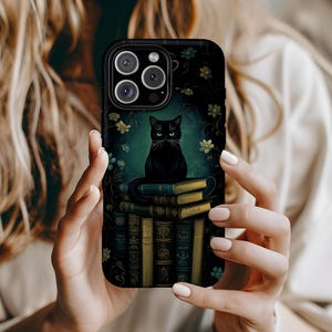 Gothic Black Cat Tough Phone Case, Book Lover Cover for iPhone, Samsung Galaxy, Google Pixel | Cat Lover Gift