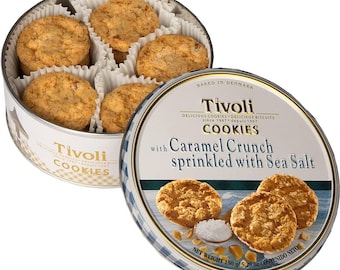 Heerlijke Tivoli-koekjes met karamelcrunch bestrooid met zeezout in een KLEIN BLIKJE 150 g