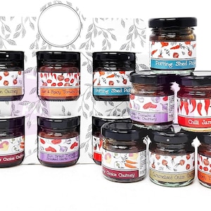 May include: A collection of small glass jars filled with various chutneys and jams. Each jar has a black lid and a label with the product name and illustrations of ingredients like tomatoes, onions, and chili peppers. The jars are arranged in a gift box.