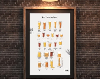 Beer Glassware Types Wall Art: Home Bar Decor, Beer Lover Gift