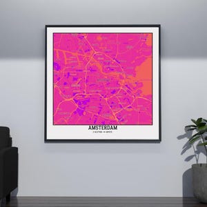 Impression colorée de carte d'Amsterdam – téléchargement numérique, art de la carte de la ville moderne, décoration murale vibrante