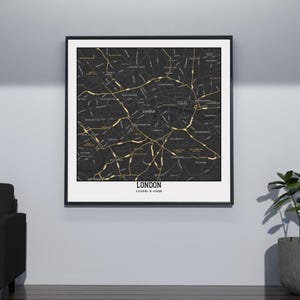 Impresión de mapa moderno de la ciudad de Londres - Póster digital minimalista de descarga / Arte mural urbano en negro y dorado / Mapa imprimible para decoración del hogar o la oficina