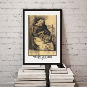 May include: A black and white drawing of a woman peeling potatoes, titled "Vincent van Gogh, Woman Peeling Potatoes, 1885".