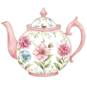 May include: A watercolour illustration of a pink teapot with a floral design. The teapot features pink and blue flowers, green leaves, and a pink handle and spout. The teapot is decorated with a delicate floral pattern.