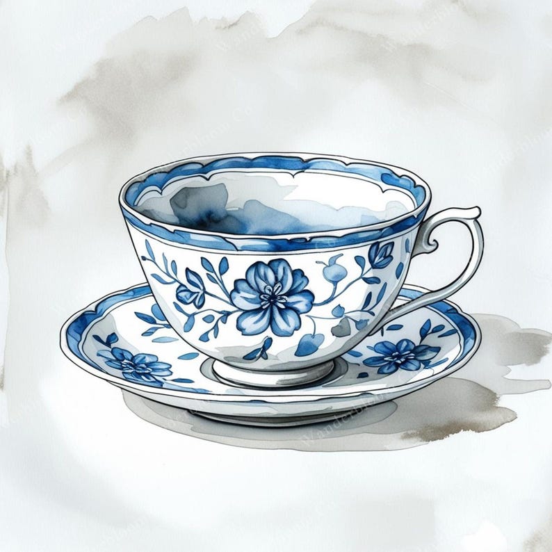 14 Blue Tea Set Clipart, Watercolor Teacups, Vintage Tea Party Graphics ...