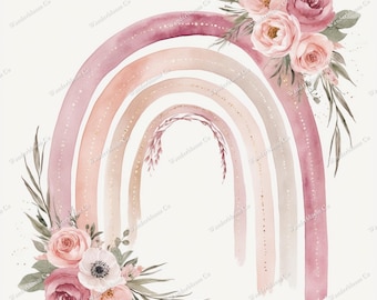 10 Boho Flowers and Rainbow Clipart, Watercolor Floral Flowers, Digital Download for Nursery Art, Cute PNG Graphics Aesthetic Illustrations