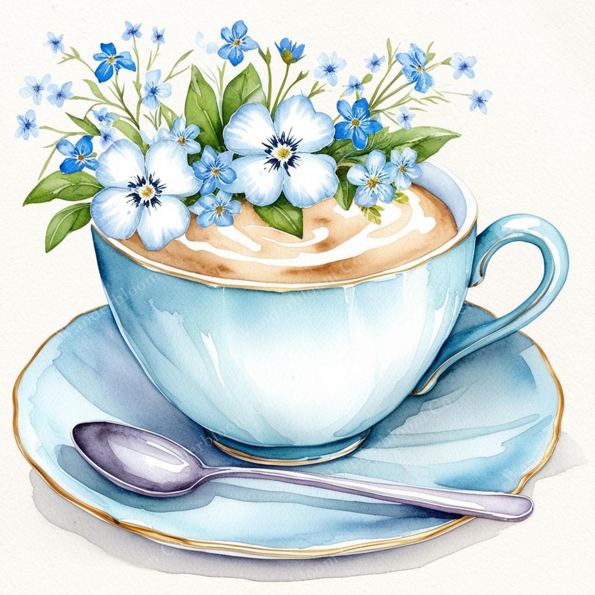 14 Blue Tea Set Clipart, Watercolor Teacups, Vintage Tea Party Graphics ...