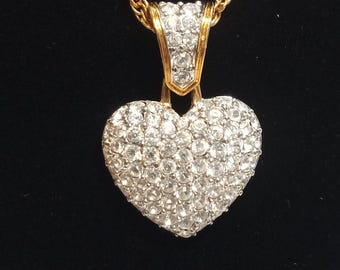 Vintage Swarovski Gold Plated Crystal Heart Necklace – 1990s Swan Signed Pendant, Princess Length