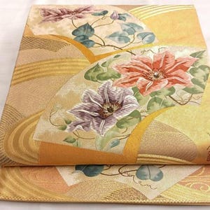 Vintage Japanese Fukuro Obi – Handwoven Silk with Gold & Silver Thread, Kyoto Folding Fan and Clematis Flowers Design, Signed, 422cm