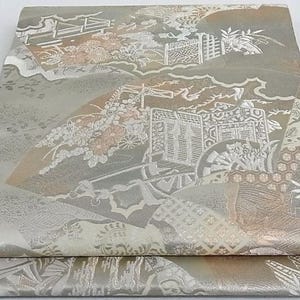 Handwoven Fukuro Obi with Overlapping Paper Fan Motif – Platinum Leaf – Nishijin Style – Pure Silk – Japanese Formal Kimono Belt