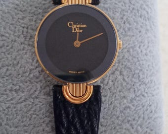 Vintage Christian Dior Watch Model 3032 – Black & Gold Round Dial